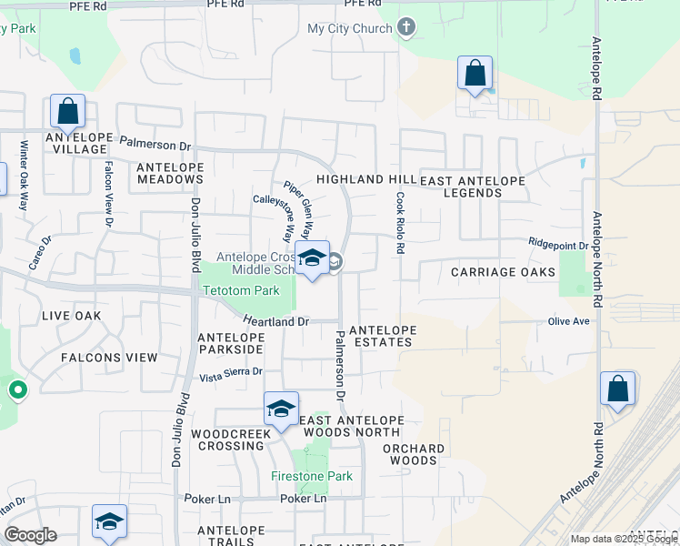 map of restaurants, bars, coffee shops, grocery stores, and more near 9200 Palmerson Drive in Antelope