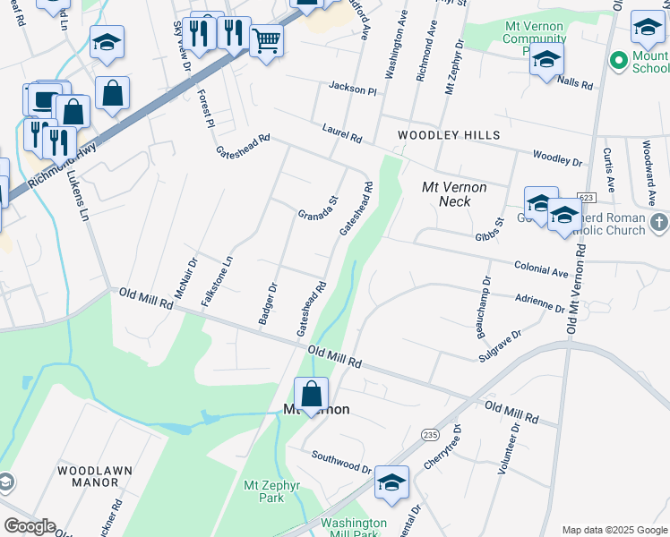 map of restaurants, bars, coffee shops, grocery stores, and more near 8801 Gateshead Road in Alexandria