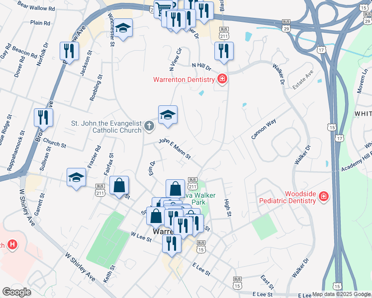map of restaurants, bars, coffee shops, grocery stores, and more near 210 Louis Street in Warrenton