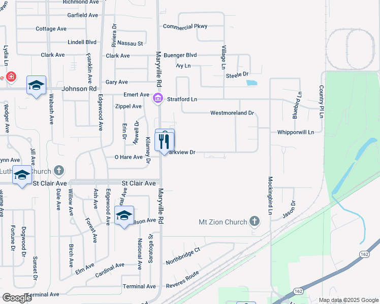 map of restaurants, bars, coffee shops, grocery stores, and more near 2540 Parkview Drive in Granite City