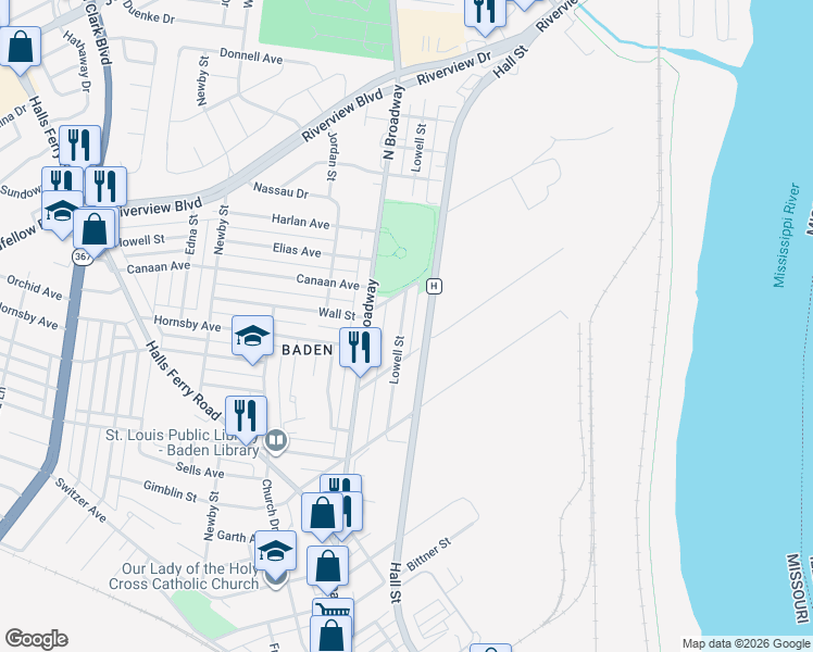 map of restaurants, bars, coffee shops, grocery stores, and more near 8561 Lowell Street in St. Louis