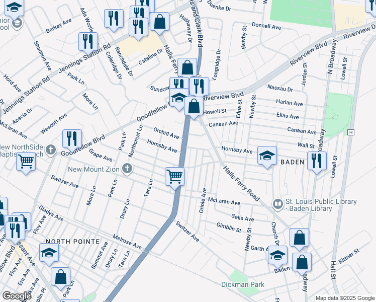 map of restaurants, bars, coffee shops, grocery stores, and more near 1251 Hornsby Avenue in St. Louis