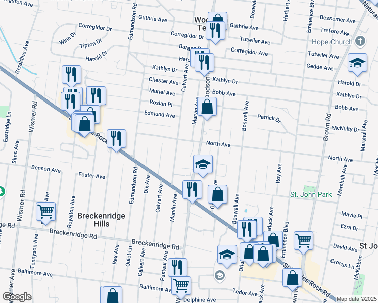 map of restaurants, bars, coffee shops, grocery stores, and more near 9342 North Avenue in St. Louis