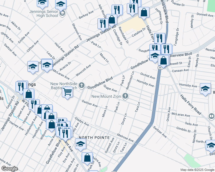 map of restaurants, bars, coffee shops, grocery stores, and more near 1733 Veronica Avenue in St. Louis