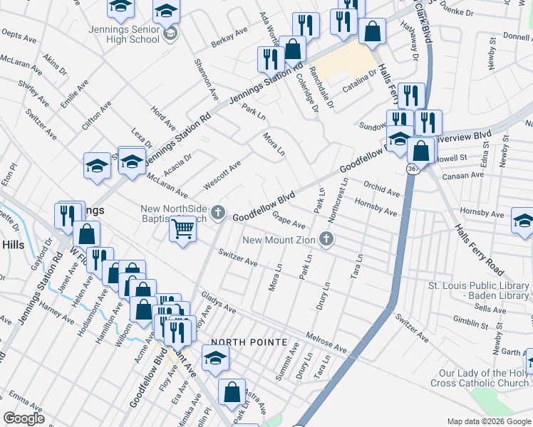 map of restaurants, bars, coffee shops, grocery stores, and more near 8777 Goodfellow Boulevard in St. Louis