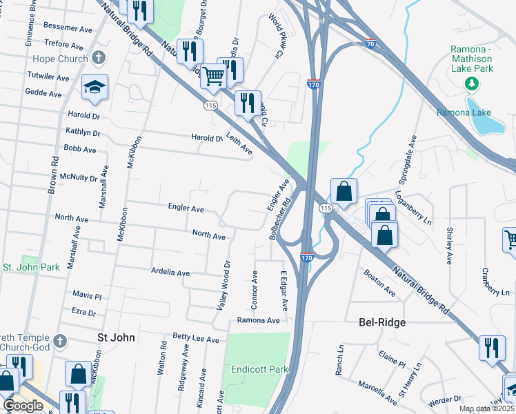 map of restaurants, bars, coffee shops, grocery stores, and more near 8411 Rosalind Court in St. Louis