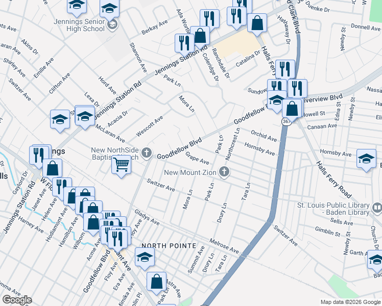 map of restaurants, bars, coffee shops, grocery stores, and more near 8777 Goodfellow Boulevard in St. Louis