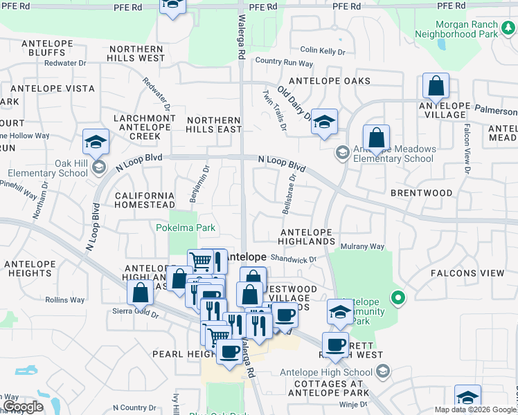 map of restaurants, bars, coffee shops, grocery stores, and more near 8233 Dalkeith Way in Antelope