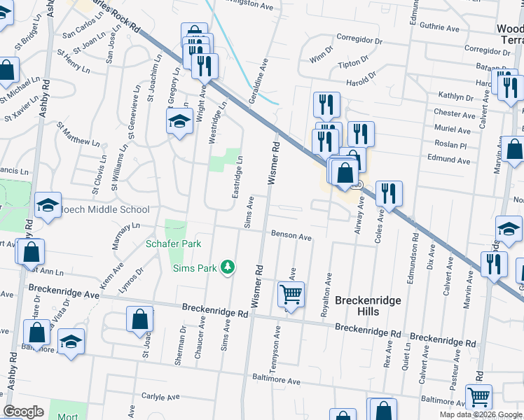 map of restaurants, bars, coffee shops, grocery stores, and more near 1447 Emory Lane in Saint Ann