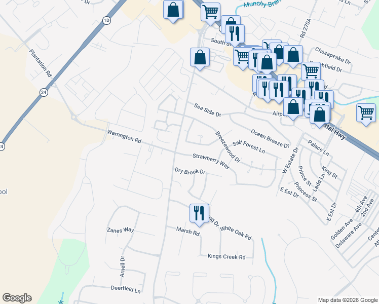 map of restaurants, bars, coffee shops, grocery stores, and more near 125 Loganberry Lane in Rehoboth Beach