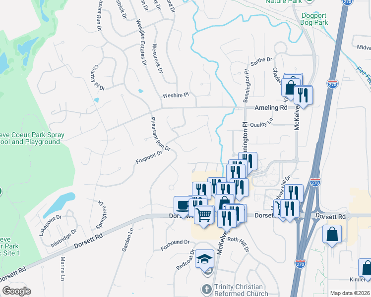 map of restaurants, bars, coffee shops, grocery stores, and more near 2106 Cherry Cove Court in Maryland Heights