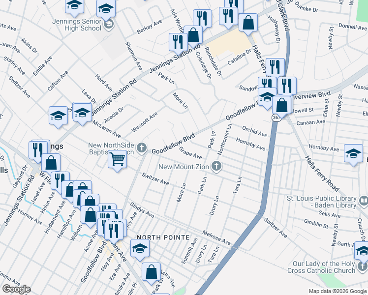 map of restaurants, bars, coffee shops, grocery stores, and more near 1761 Grape Avenue in St. Louis
