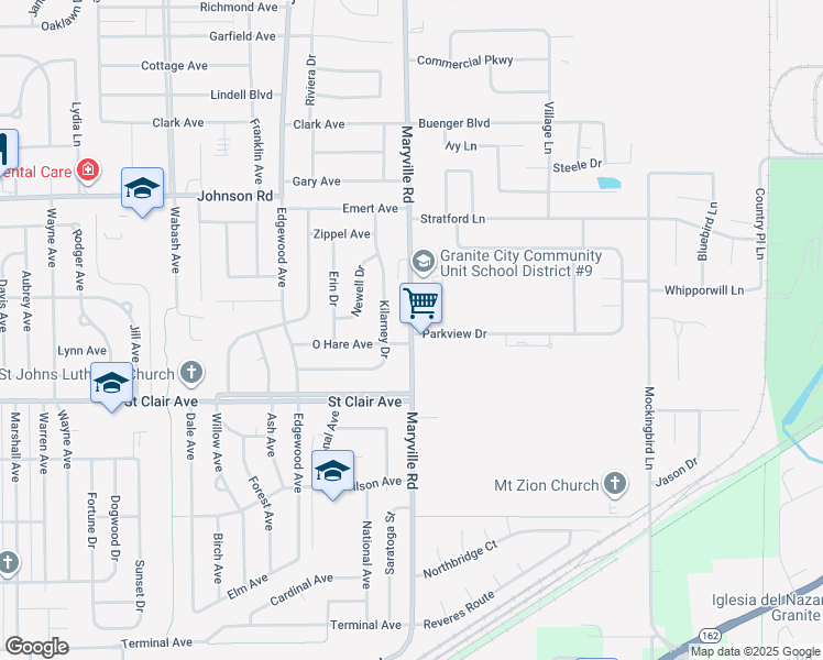map of restaurants, bars, coffee shops, grocery stores, and more near 2599 Parkview Drive in Granite City