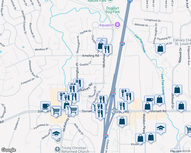 map of restaurants, bars, coffee shops, grocery stores, and more near 11881 McKelvey Gardens Drive in Maryland Heights