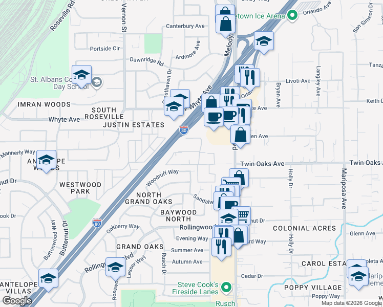 map of restaurants, bars, coffee shops, grocery stores, and more near 7303 Auburn Oaks Court in Citrus Heights