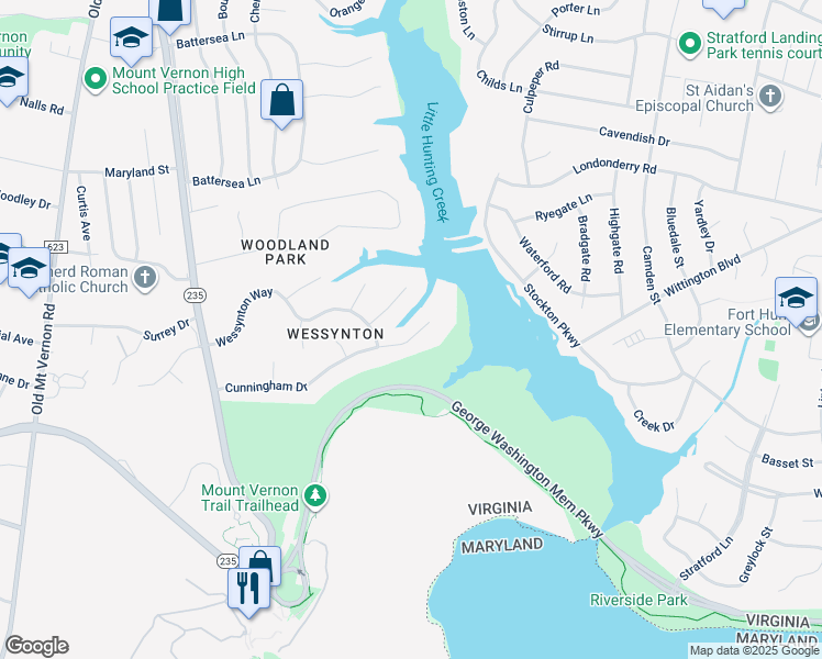map of restaurants, bars, coffee shops, grocery stores, and more near 3010 Cunningham Drive in Alexandria