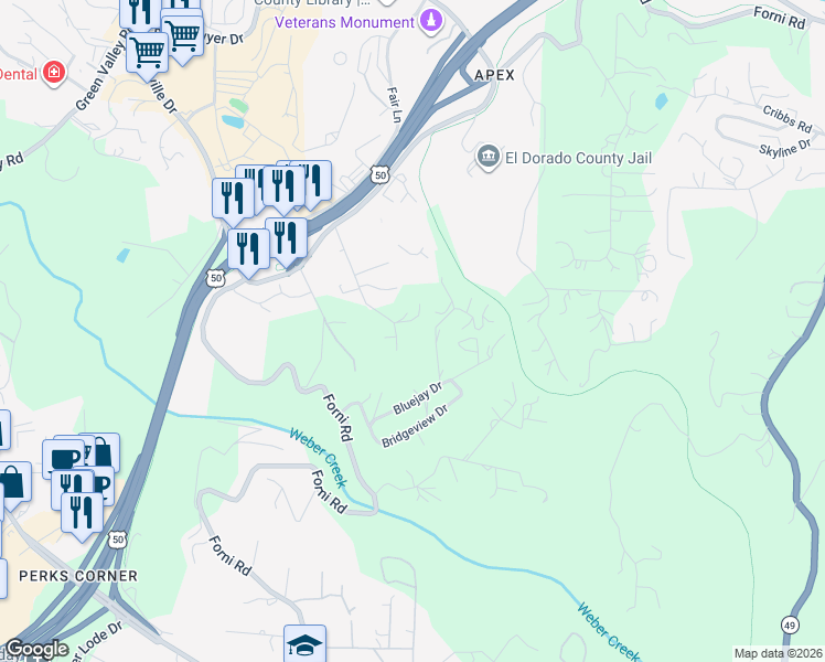 map of restaurants, bars, coffee shops, grocery stores, and more near 3099 Briw Road in Placerville