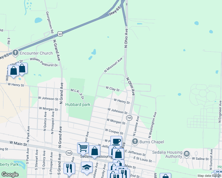 map of restaurants, bars, coffee shops, grocery stores, and more near 400-598 West Clay Street in Sedalia