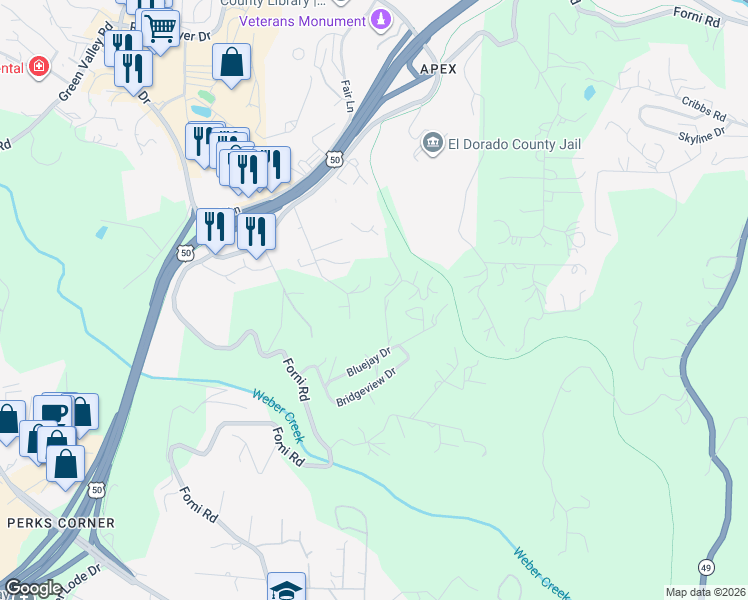 map of restaurants, bars, coffee shops, grocery stores, and more near 3099 Briw Road in Placerville