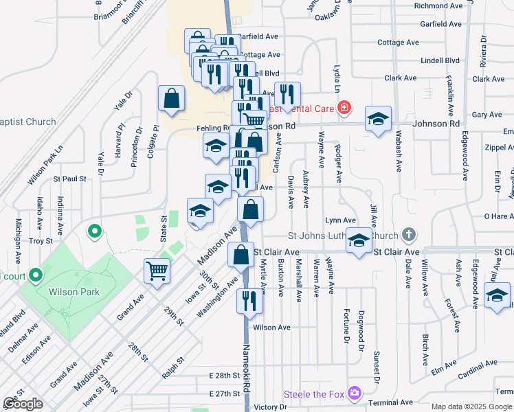 map of restaurants, bars, coffee shops, grocery stores, and more near 3157 Myrtle Avenue in Granite City