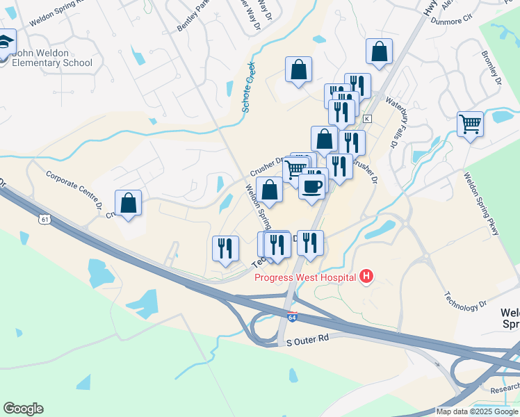 map of restaurants, bars, coffee shops, grocery stores, and more near 6700 Weldon Spring Road in O'Fallon