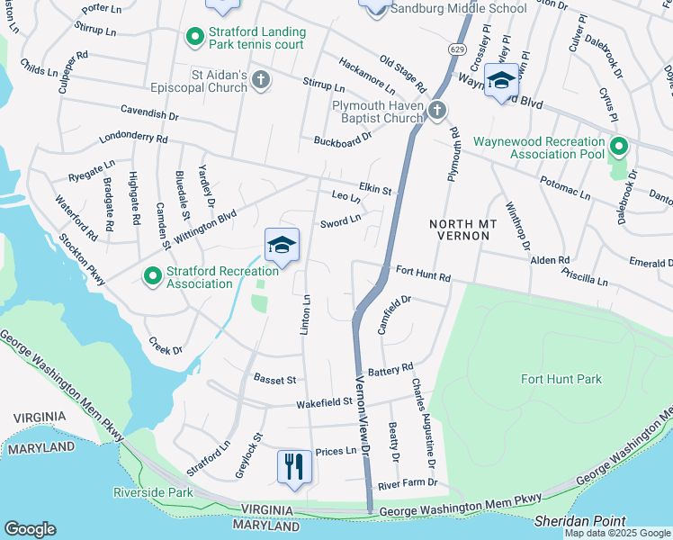 map of restaurants, bars, coffee shops, grocery stores, and more near 1904 Toll Bridge Court in Alexandria