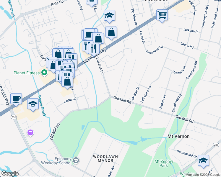 map of restaurants, bars, coffee shops, grocery stores, and more near 8801 Lukens Lane in Alexandria