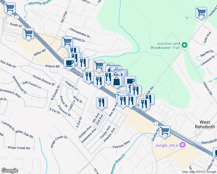 map of restaurants, bars, coffee shops, grocery stores, and more near 36470 Seaside Outlet Drive in Rehoboth Beach