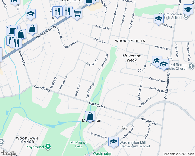 map of restaurants, bars, coffee shops, grocery stores, and more near in Mount Vernon