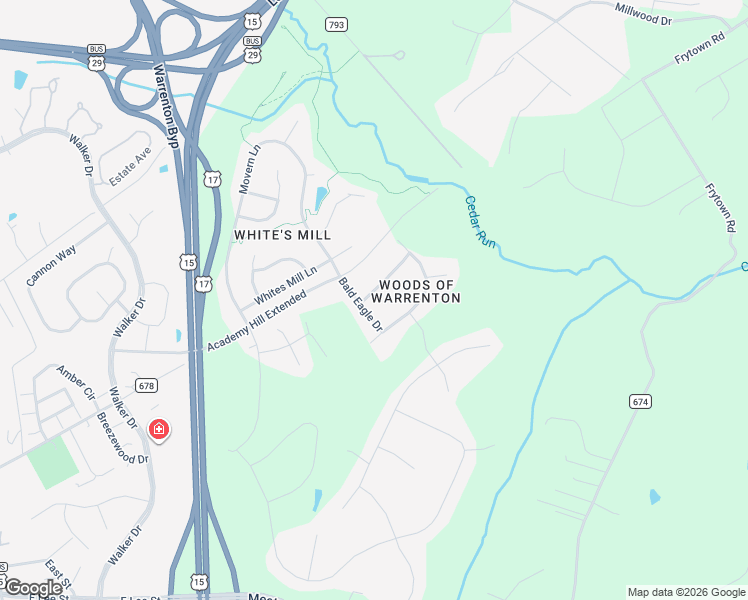 map of restaurants, bars, coffee shops, grocery stores, and more near 6345 Blue Heron Lane in Warrenton