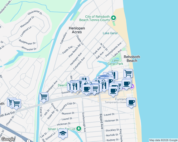 map of restaurants, bars, coffee shops, grocery stores, and more near 90 Park Avenue in Rehoboth Beach