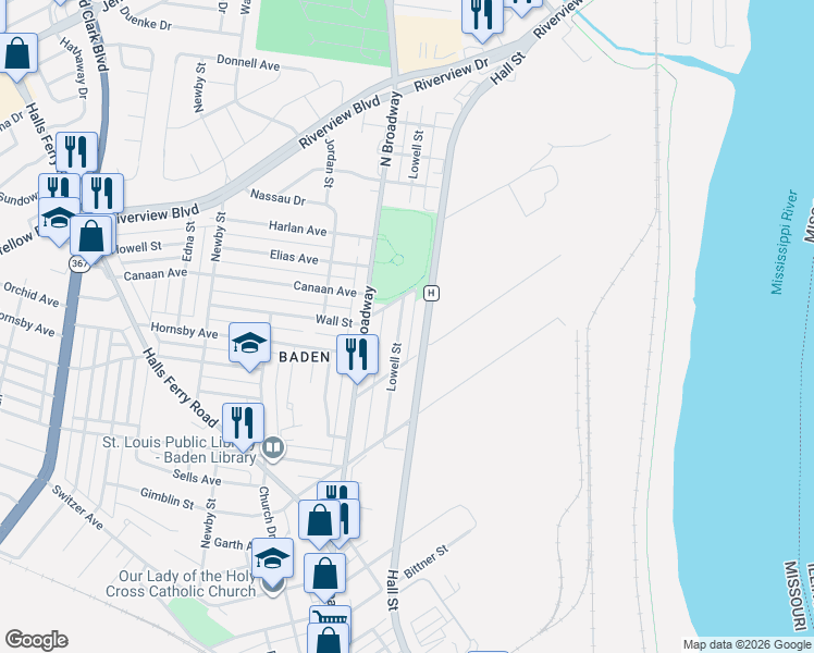 map of restaurants, bars, coffee shops, grocery stores, and more near 8561 Lowell Street in St. Louis