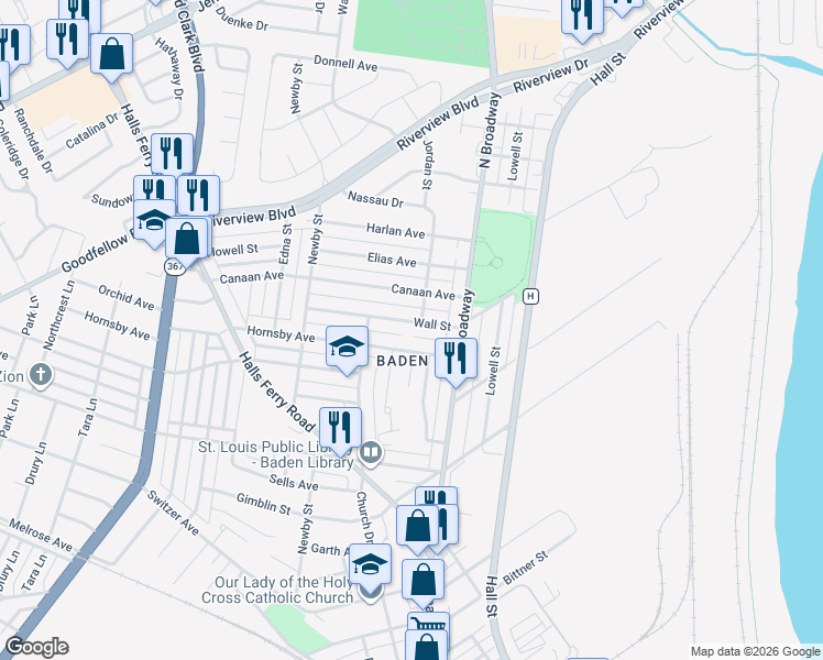 map of restaurants, bars, coffee shops, grocery stores, and more near 849 Wall Street in St. Louis