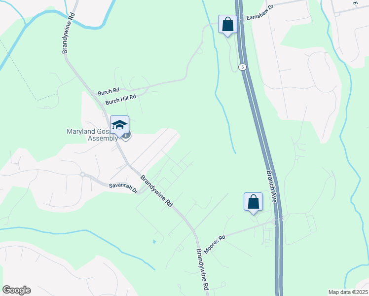 map of restaurants, bars, coffee shops, grocery stores, and more near 7025 Savannah Pkwy in Brandywine