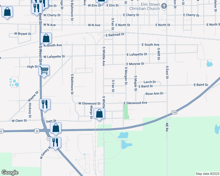 map of restaurants, bars, coffee shops, grocery stores, and more near 100-198 East Ridgeway Street in Olney