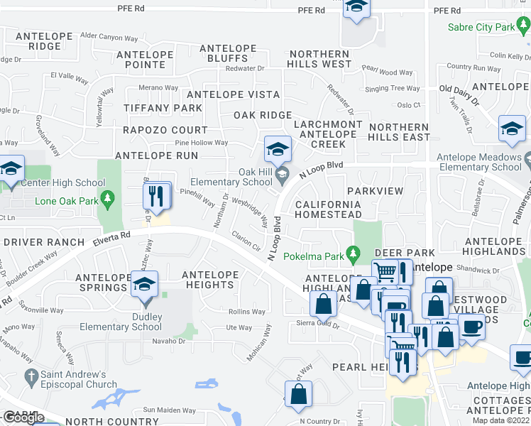 map of restaurants, bars, coffee shops, grocery stores, and more near 8220 Sanderson Court in Antelope