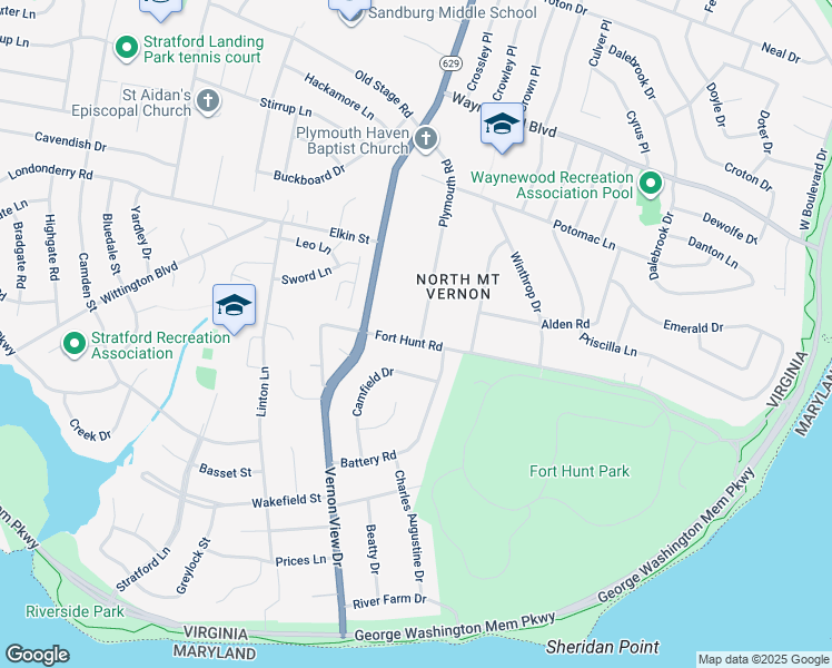 map of restaurants, bars, coffee shops, grocery stores, and more near 8740 Plymouth Road in Alexandria