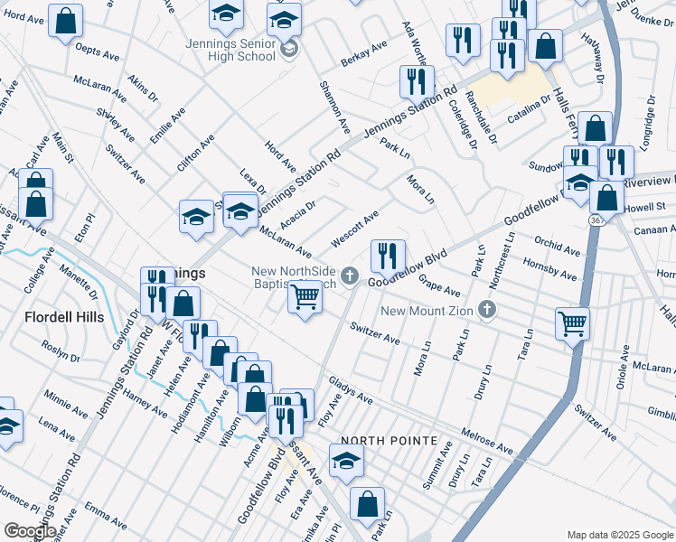 map of restaurants, bars, coffee shops, grocery stores, and more near 1936 McLaran Ave in Jennings