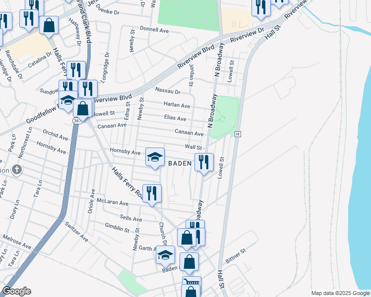 map of restaurants, bars, coffee shops, grocery stores, and more near 848 Wall Street in St. Louis