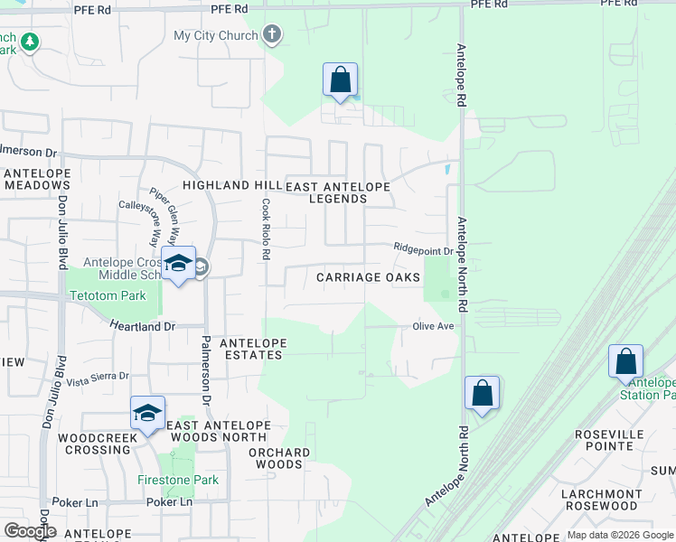 map of restaurants, bars, coffee shops, grocery stores, and more near 8237 Windmill Oaks Place in Antelope
