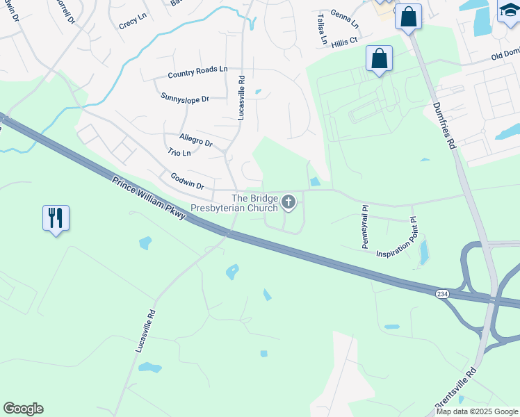 map of restaurants, bars, coffee shops, grocery stores, and more near 9401 Old Settle Court in Manassas