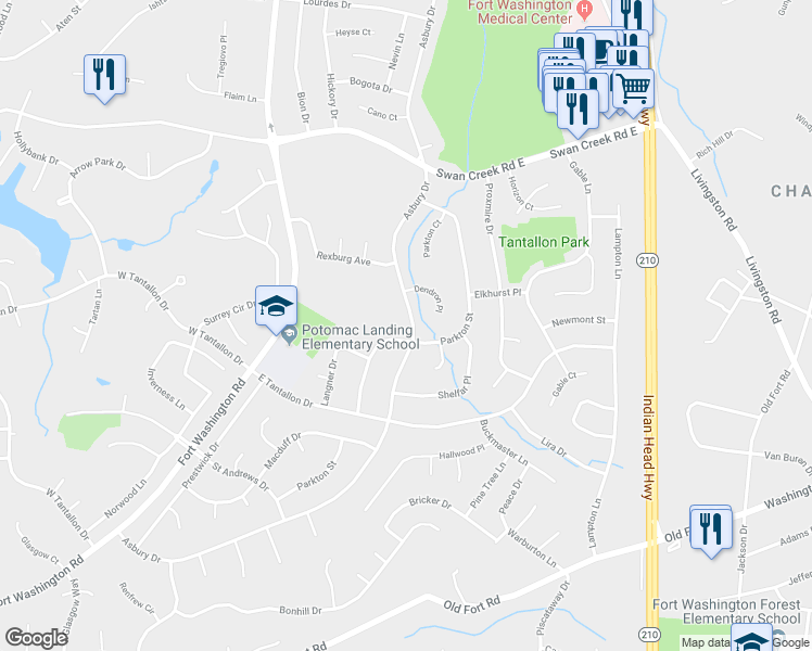 map of restaurants, bars, coffee shops, grocery stores, and more near 12401 Asbury Drive in Fort Washington