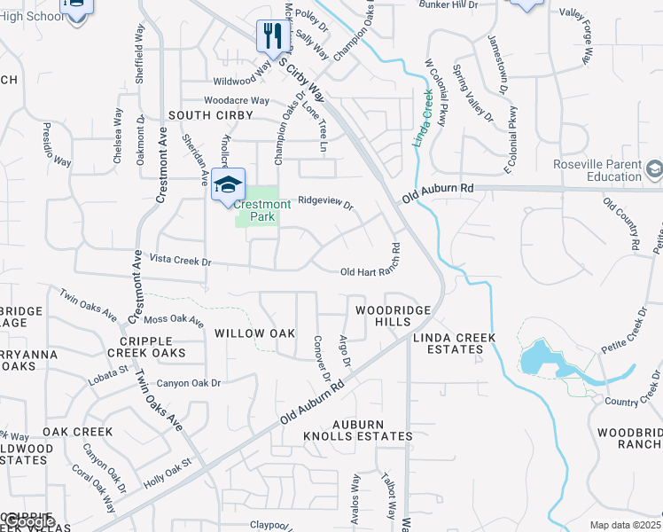 map of restaurants, bars, coffee shops, grocery stores, and more near 1644 Old Hart Ranch Road in Roseville