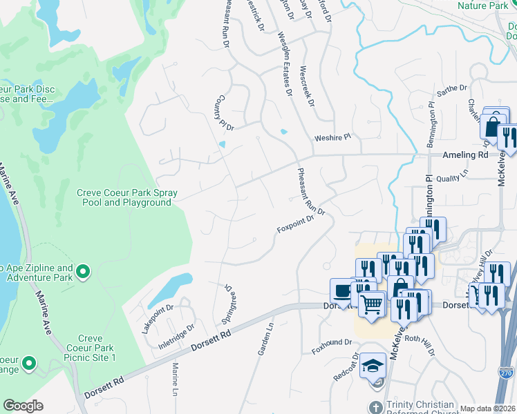 map of restaurants, bars, coffee shops, grocery stores, and more near 12157 Rain Hollow Court in Maryland Heights