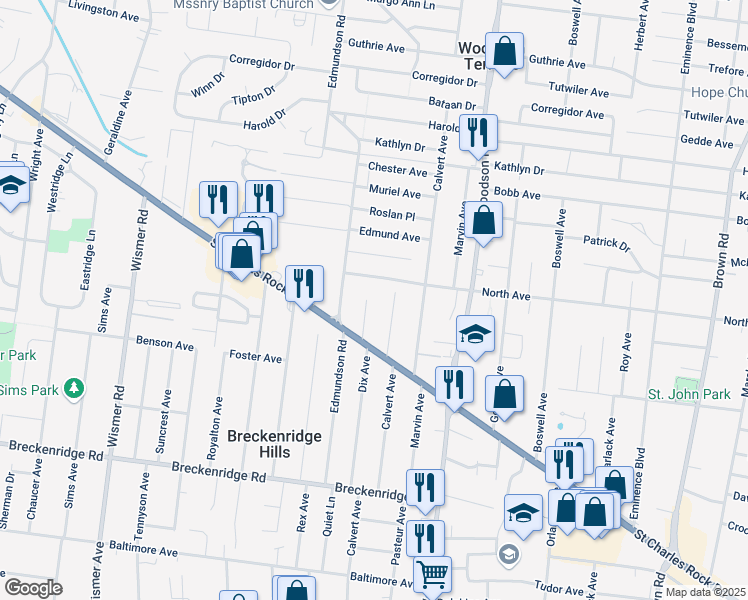 map of restaurants, bars, coffee shops, grocery stores, and more near 3536 Joel Court in St. Louis