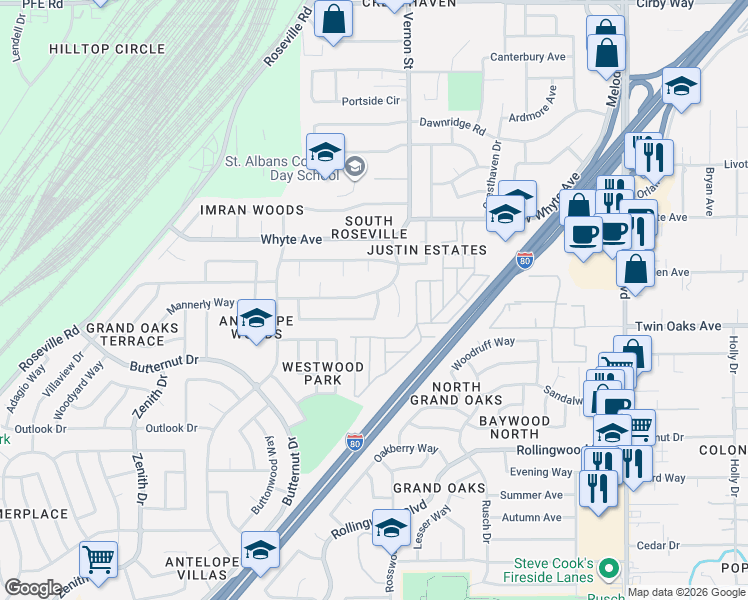 map of restaurants, bars, coffee shops, grocery stores, and more near 8221 Brushcreek Court in Citrus Heights