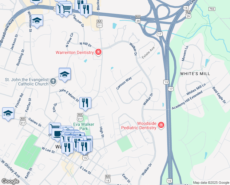 map of restaurants, bars, coffee shops, grocery stores, and more near 270 Cannon Way in Warrenton