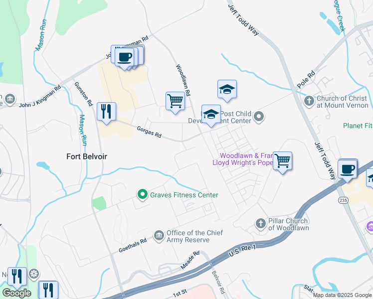 map of restaurants, bars, coffee shops, grocery stores, and more near 6020 Gorgas Road in Fort Belvoir
