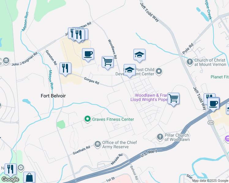 map of restaurants, bars, coffee shops, grocery stores, and more near 6020 Gorgas Road in Fort Belvoir