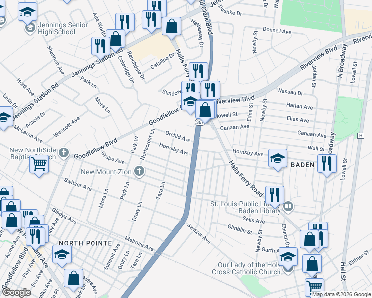 map of restaurants, bars, coffee shops, grocery stores, and more near 1519 Hornsby Avenue in St. Louis